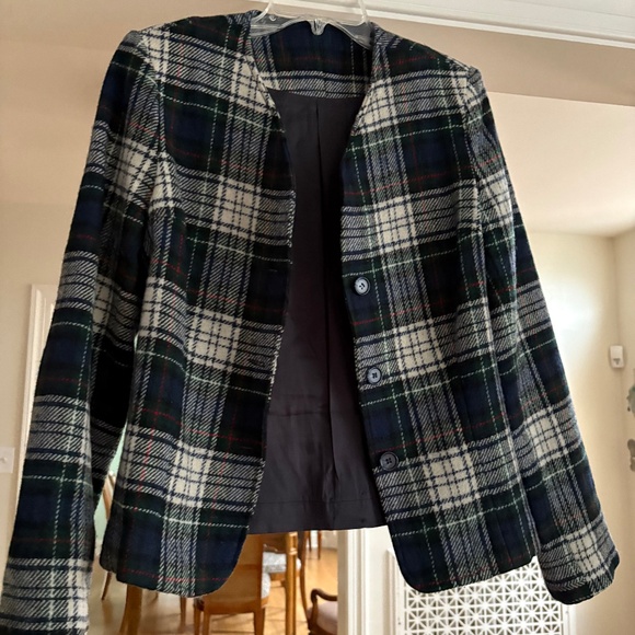 100% Wool Plaid Collarless Blazer Jacket--Talbots, J Crew, Pendleton? Size 6 - Picture 1 of 2